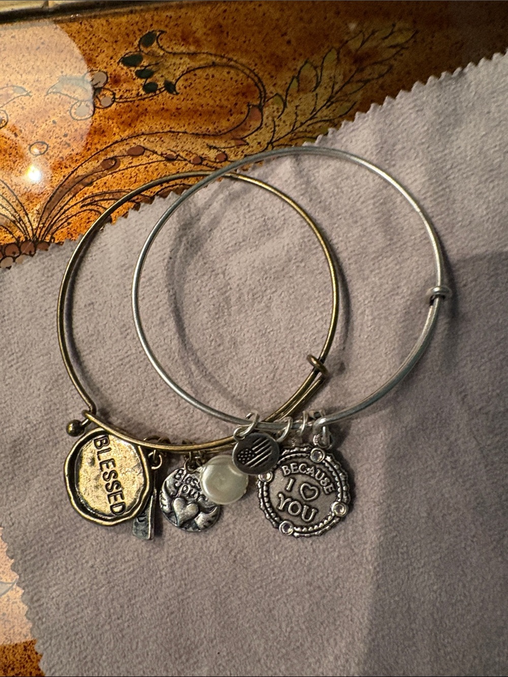 Mixed Metal Charm Bangle Bracelet Set - Blessed & Because I Love You